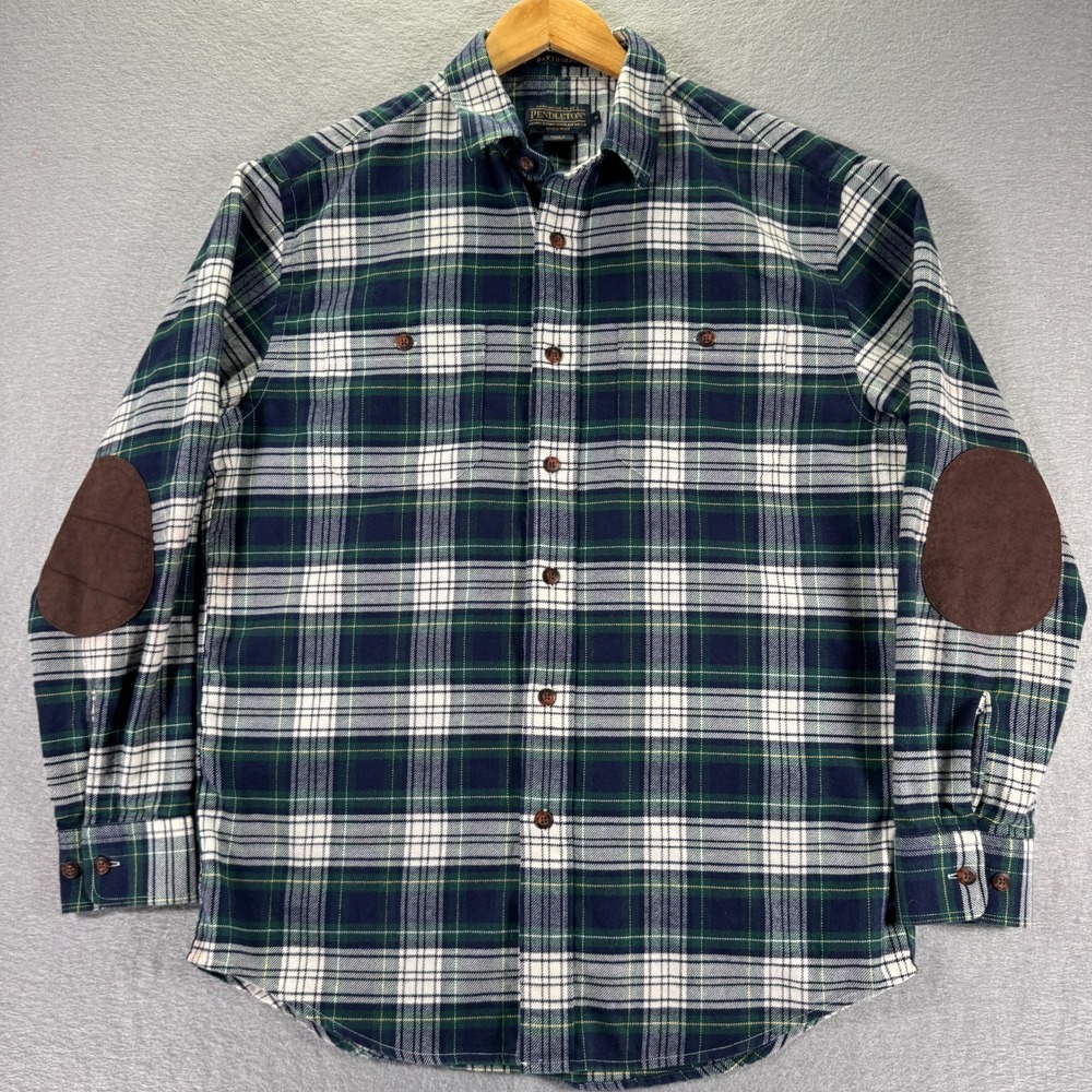 Pendleton Hawthorne Flannel Button Up Shirt Mens Medium Blue Plaid Elbow Patches